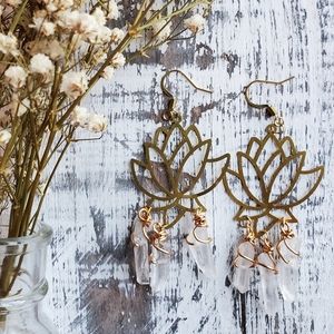 ✨ Raw Brass Earrings Lotus with Clear Quartz